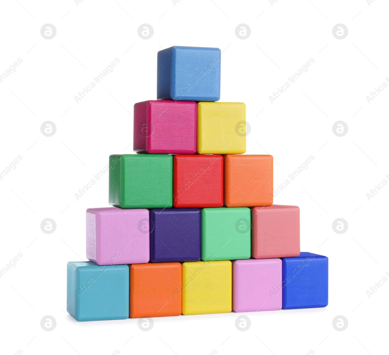 Photo of Wooden pyramid made with cubes isolated on white. Child's toy