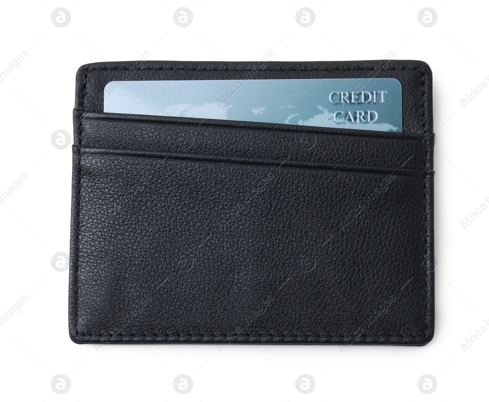 Photo of Black card holder with plastic credit card isolated on white, top view