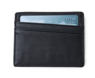 Photo of Black card holder with plastic credit card isolated on white, top view