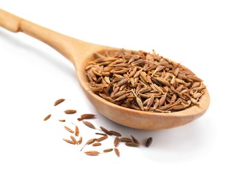 Spoon of aromatic caraway (Persian cumin) seeds isolated on white
