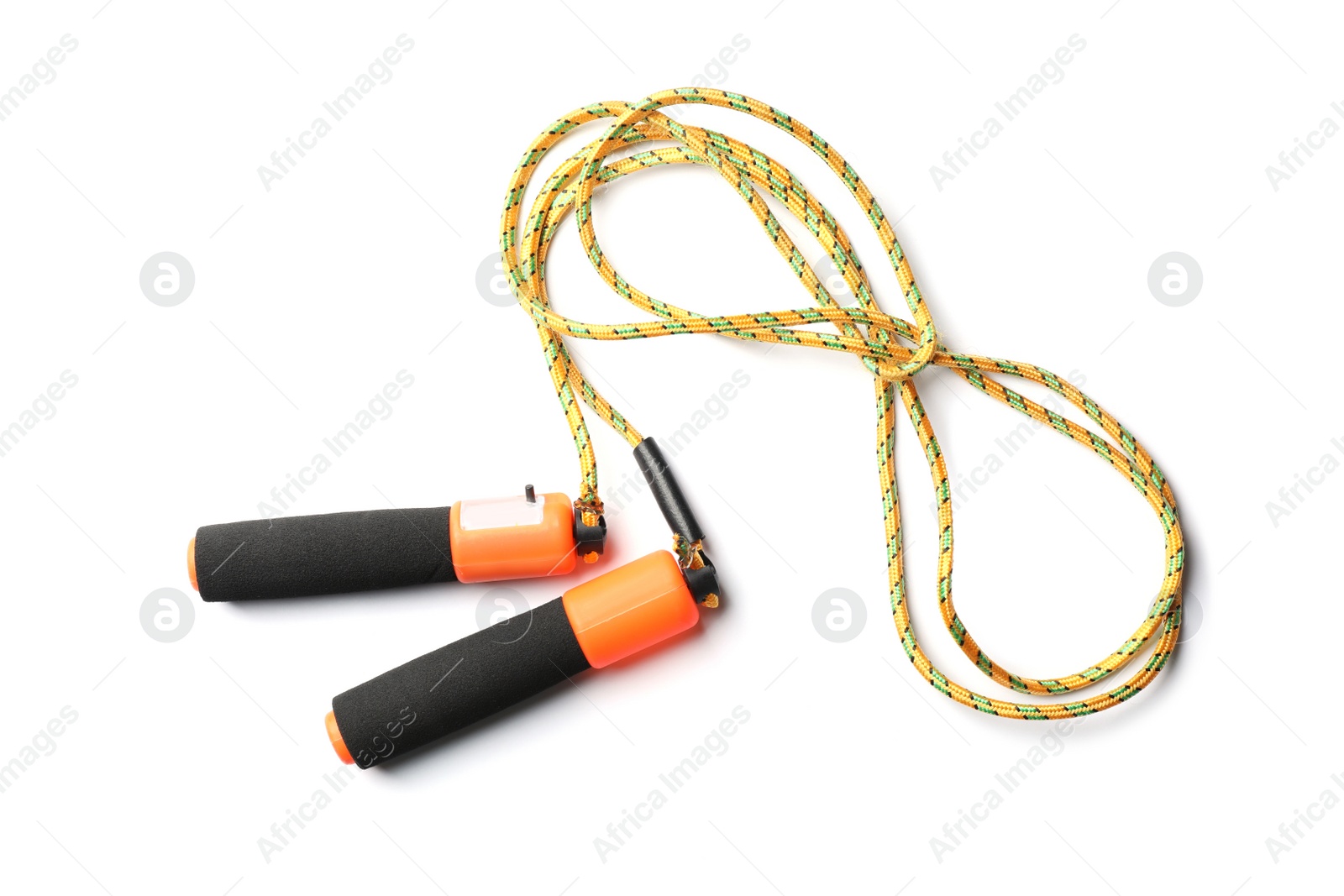 Photo of Jump rope on white background, top view