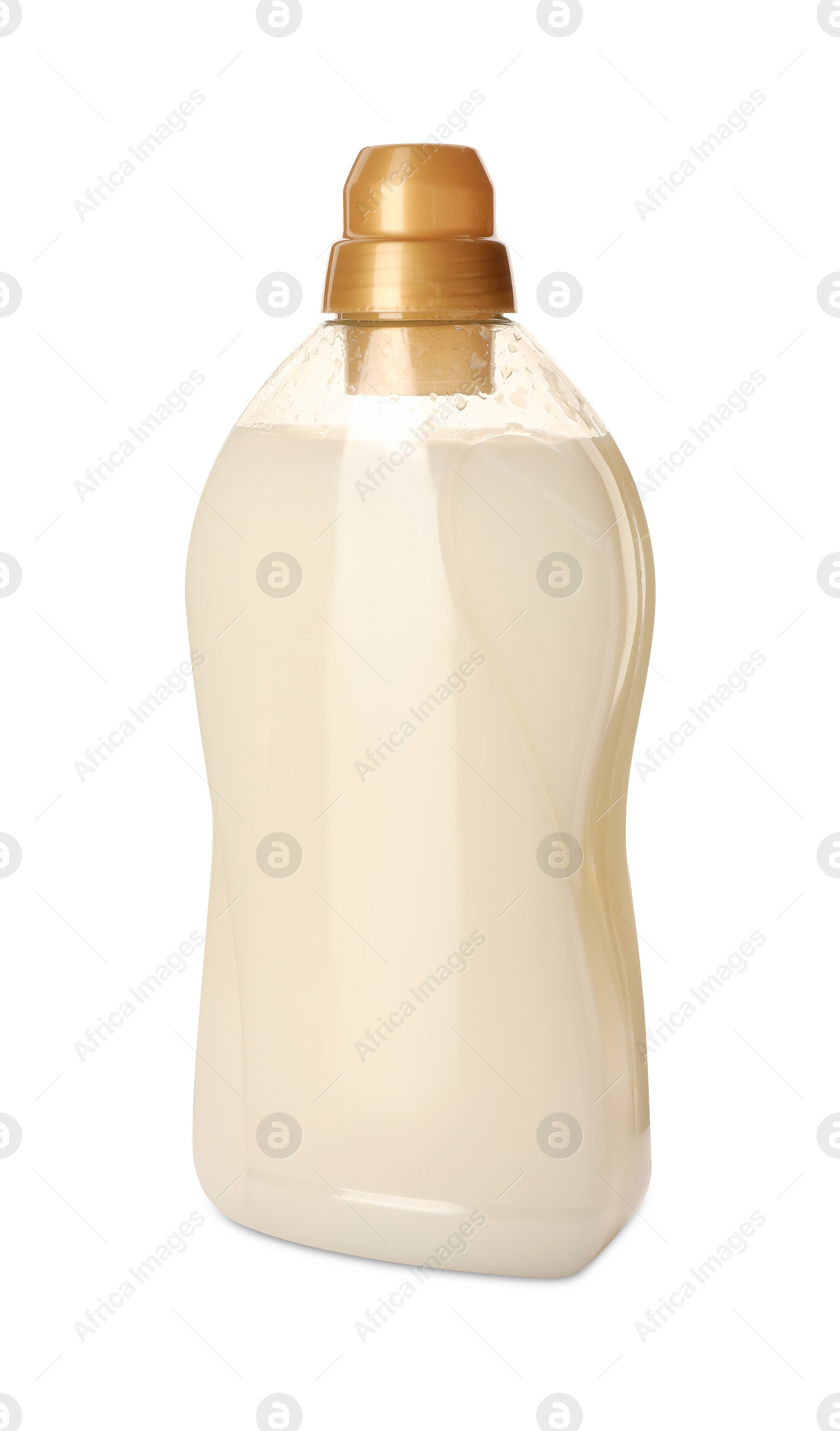 Photo of Bottle of fabric softener isolated on white