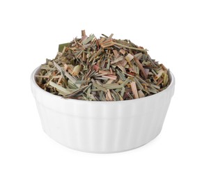 Photo of Bowl of aromatic dried lemongrass isolated on white