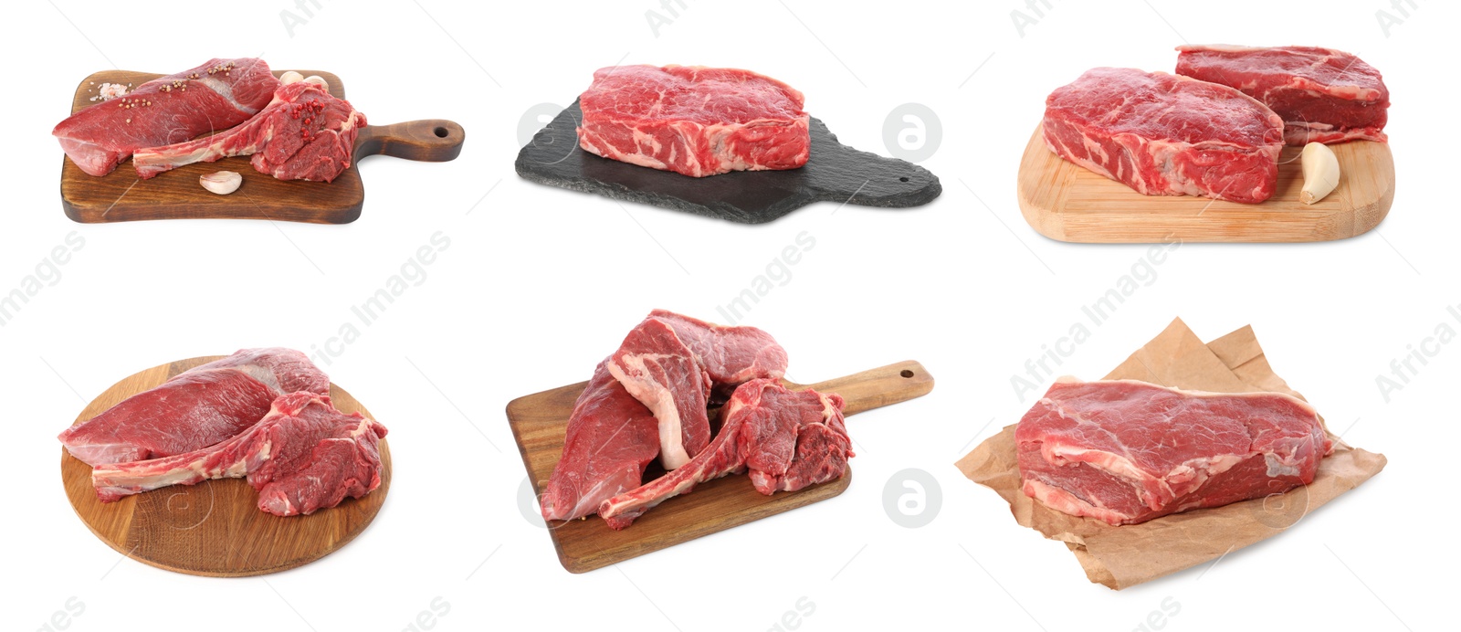 Image of Raw beef steaks isolated on white, set