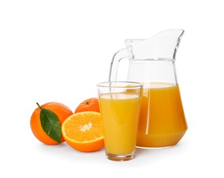 Orange juice and fresh fruits on white background