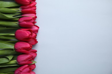 Photo of Many beautiful tulips on light grey background, flat lay. Space for text