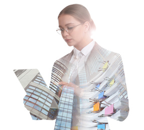 Multiple exposure of young woman, documents and building