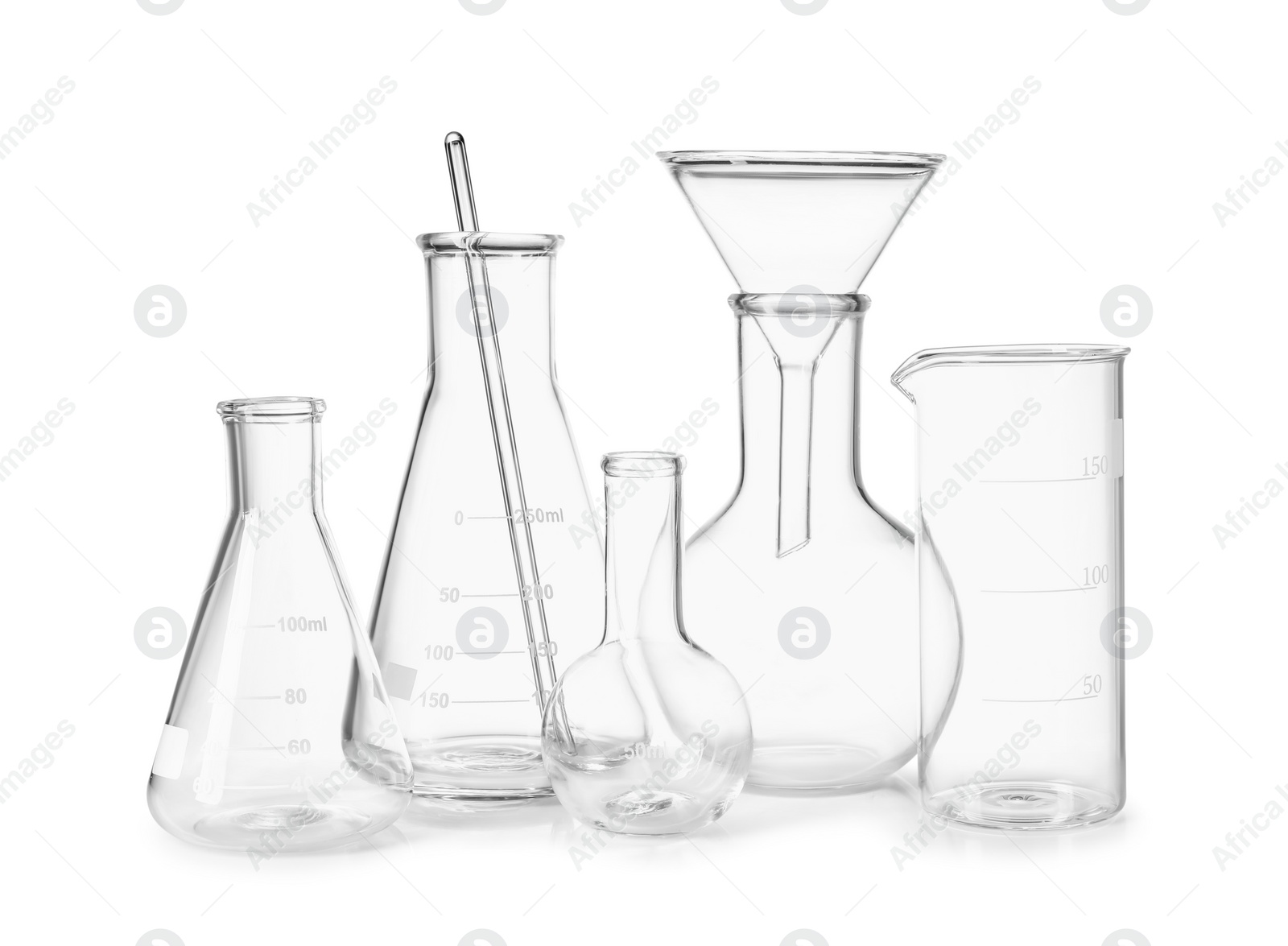 Photo of Different empty laboratory glassware isolated on white