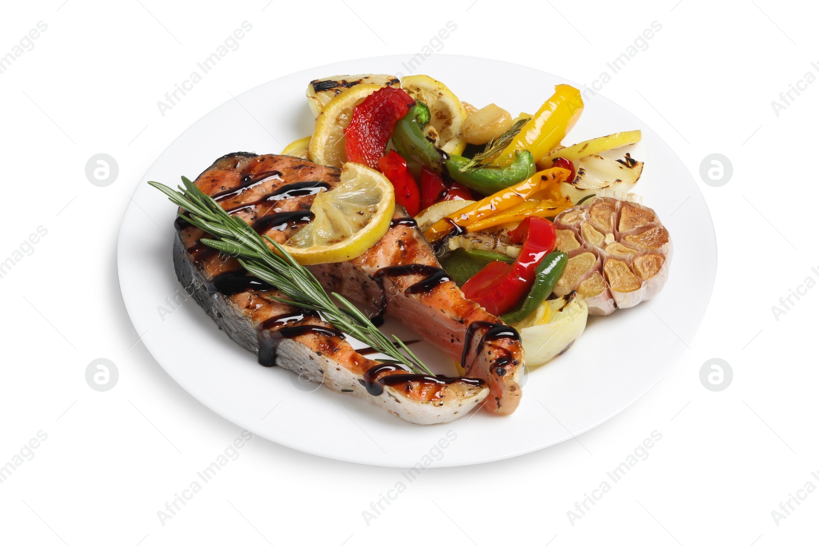 Photo of Tasty salmon steak with sauce, lemon and vegetables on white background