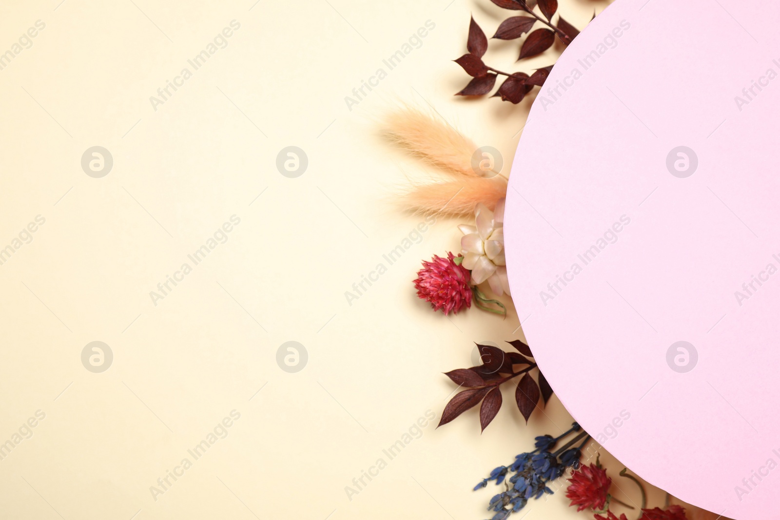 Photo of Flat lay composition with beautiful flowers and card on yellow background, space for text