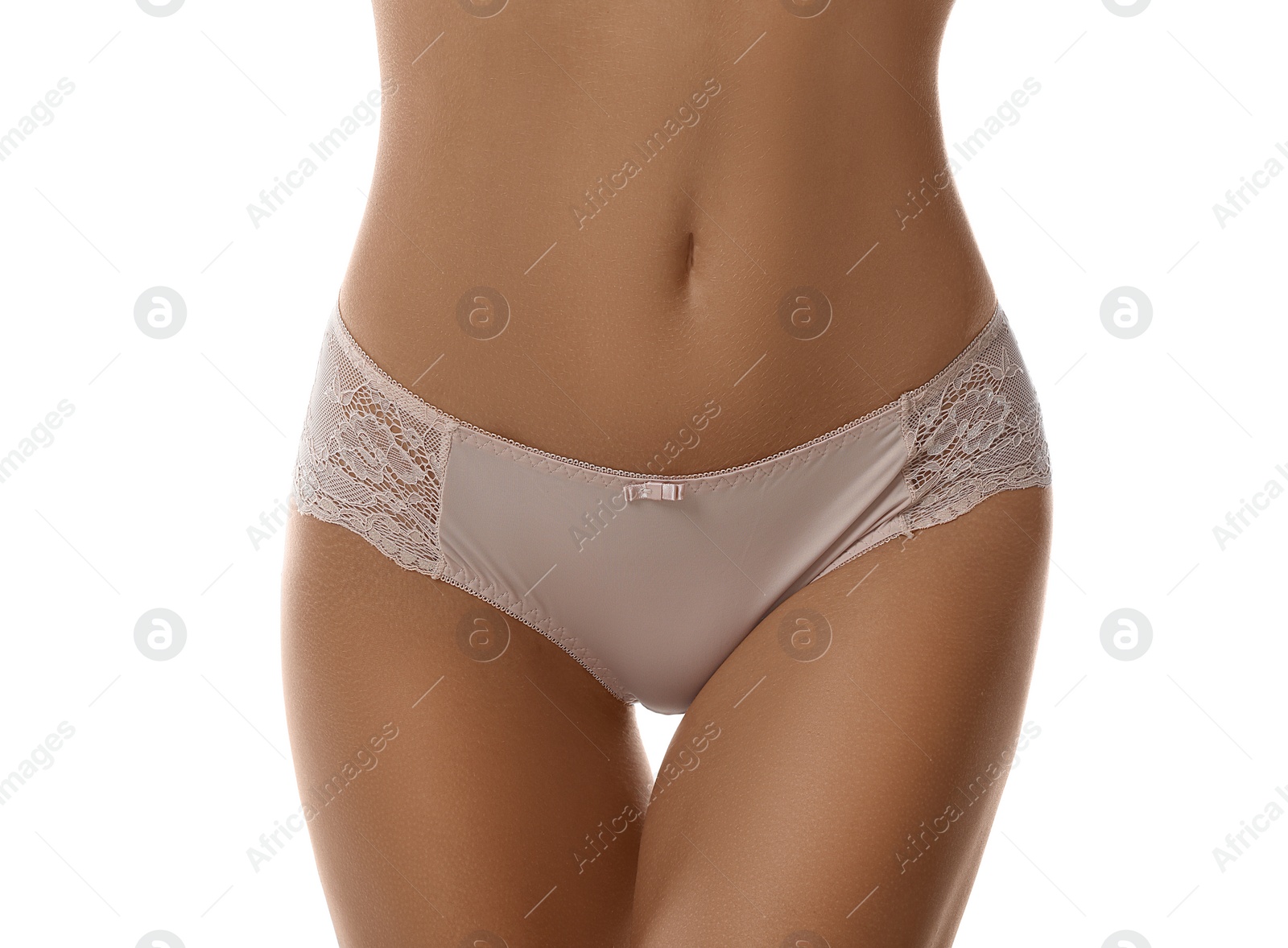 Photo of Woman in sexy panties on white background, closeup