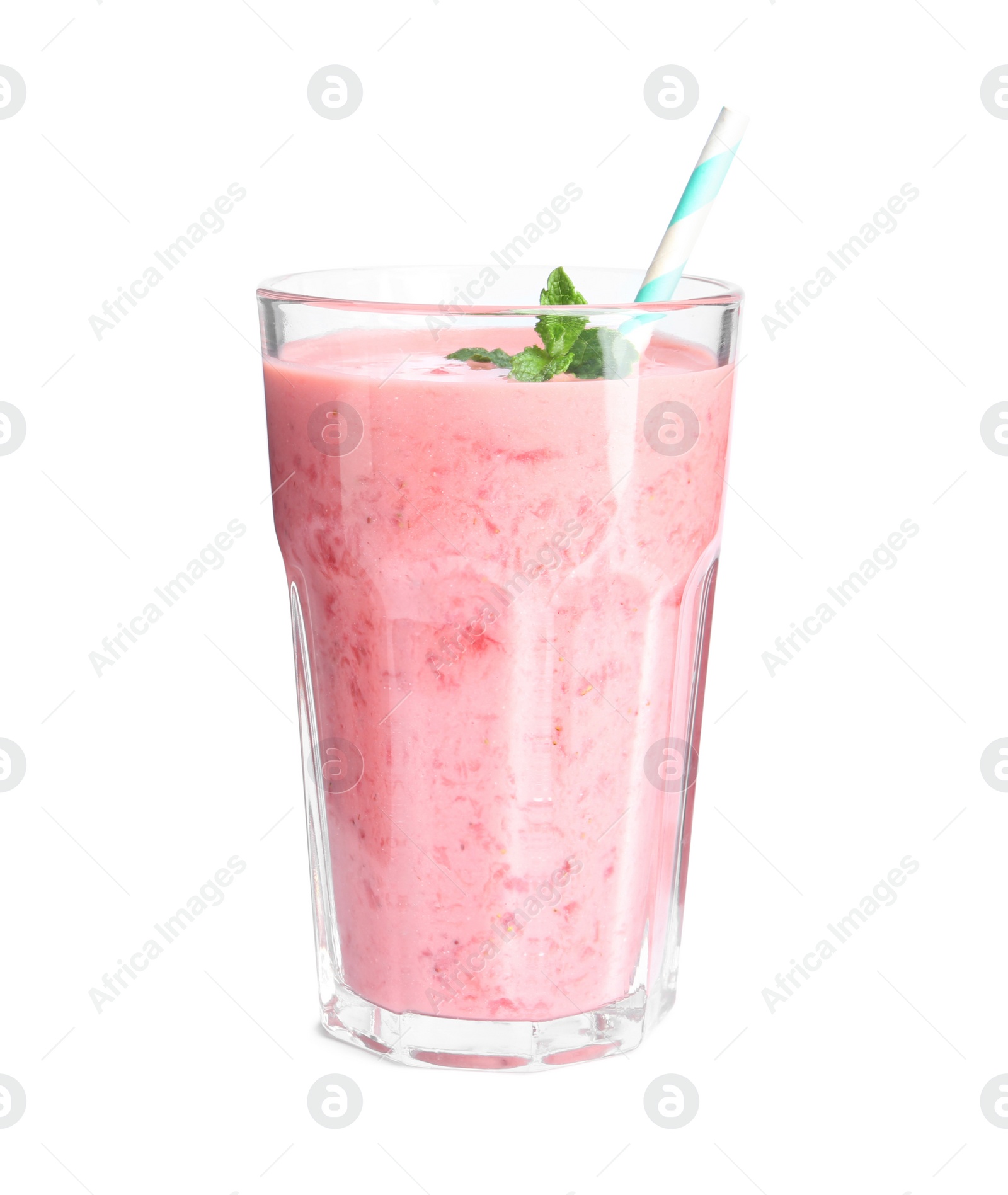 Photo of Tasty strawberry smoothie with mint in glass isolated on white