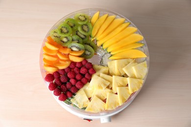 Photo of Cut fruits in dehydrator machine on wooden table, top view