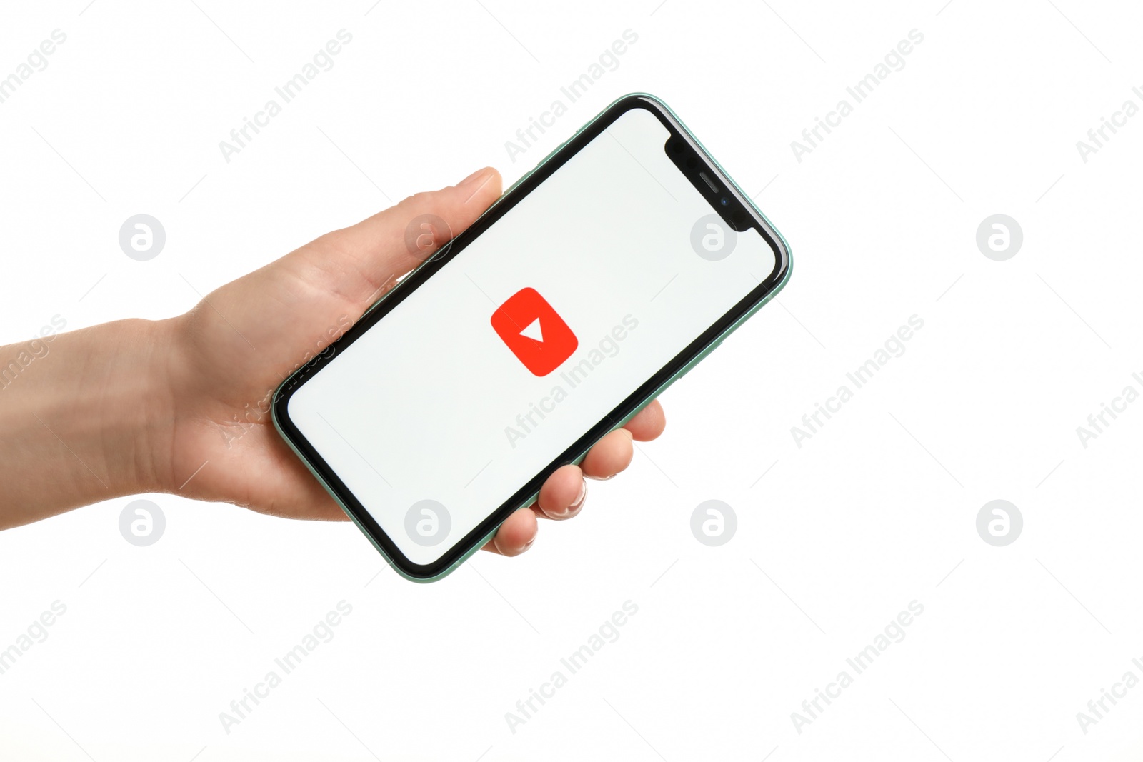 Photo of MYKOLAIV, UKRAINE - JULY 9, 2020: Woman holding  iPhone X with Youtube app on white background, closeup