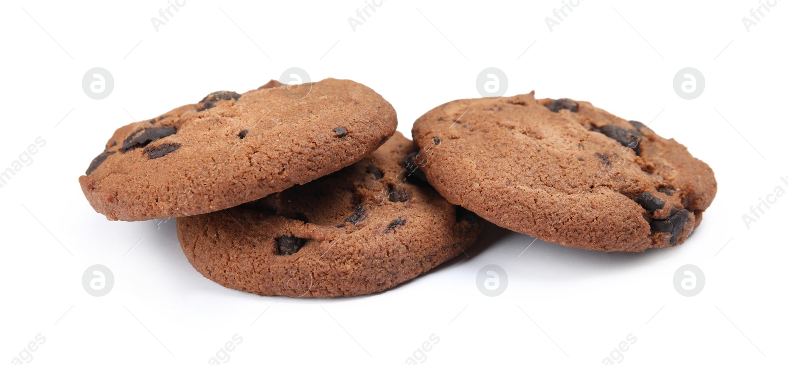 Photo of Delicious chocolate chip cookies on white background