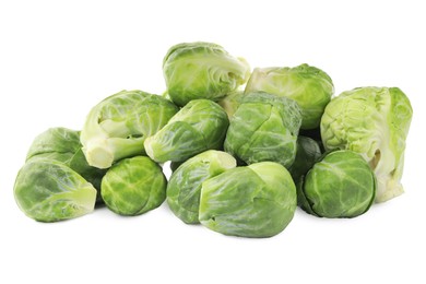 Photo of Heap of fresh green brussels sprouts on white background