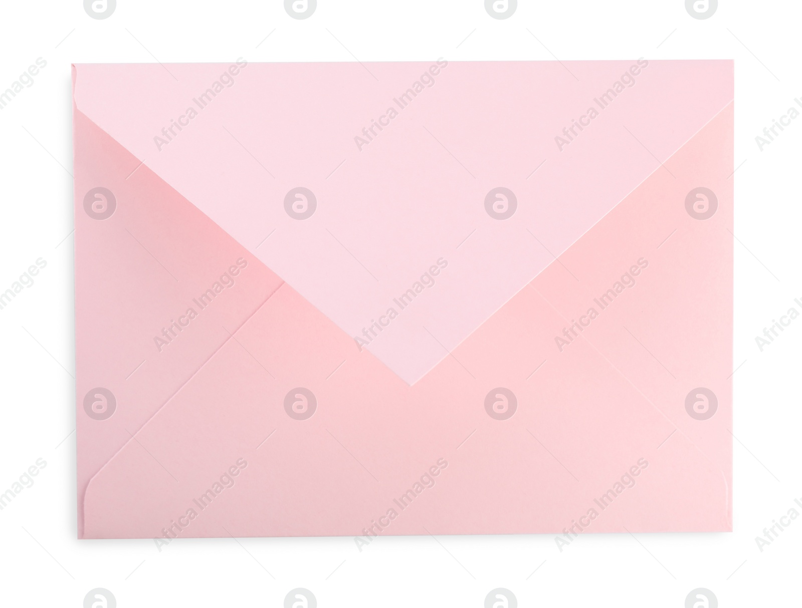 Photo of Closed pink letter envelope isolated on white, top view