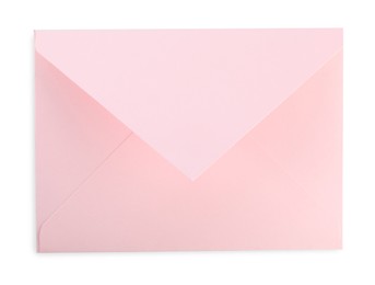 Photo of Closed pink letter envelope isolated on white, top view