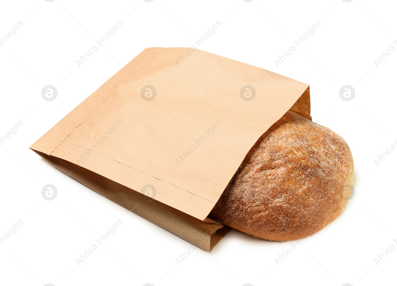 Photo of Paper bag with bread on white background. Space for design