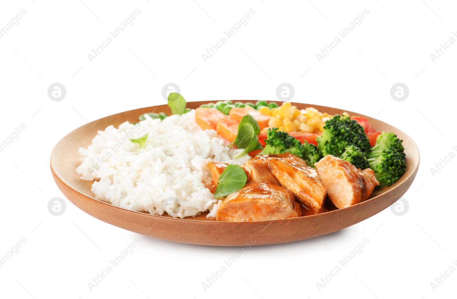 Photo of Plate with tasty rice, vegetables and meat on white background