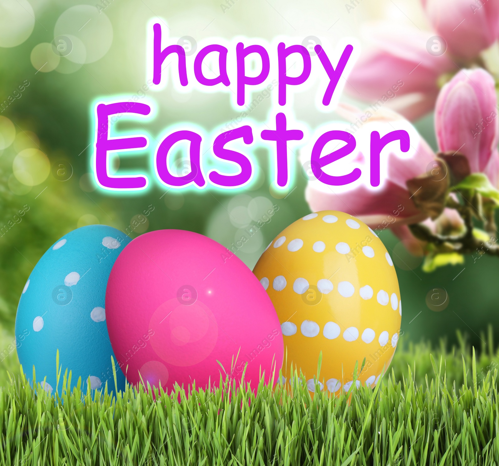 Image of Happy Easter. Bright eggs on green grass outdoors