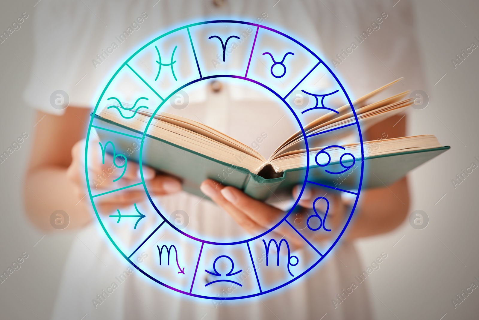 Image of Young woman reading book and illustration of zodiac wheel with astrological signs on light background 