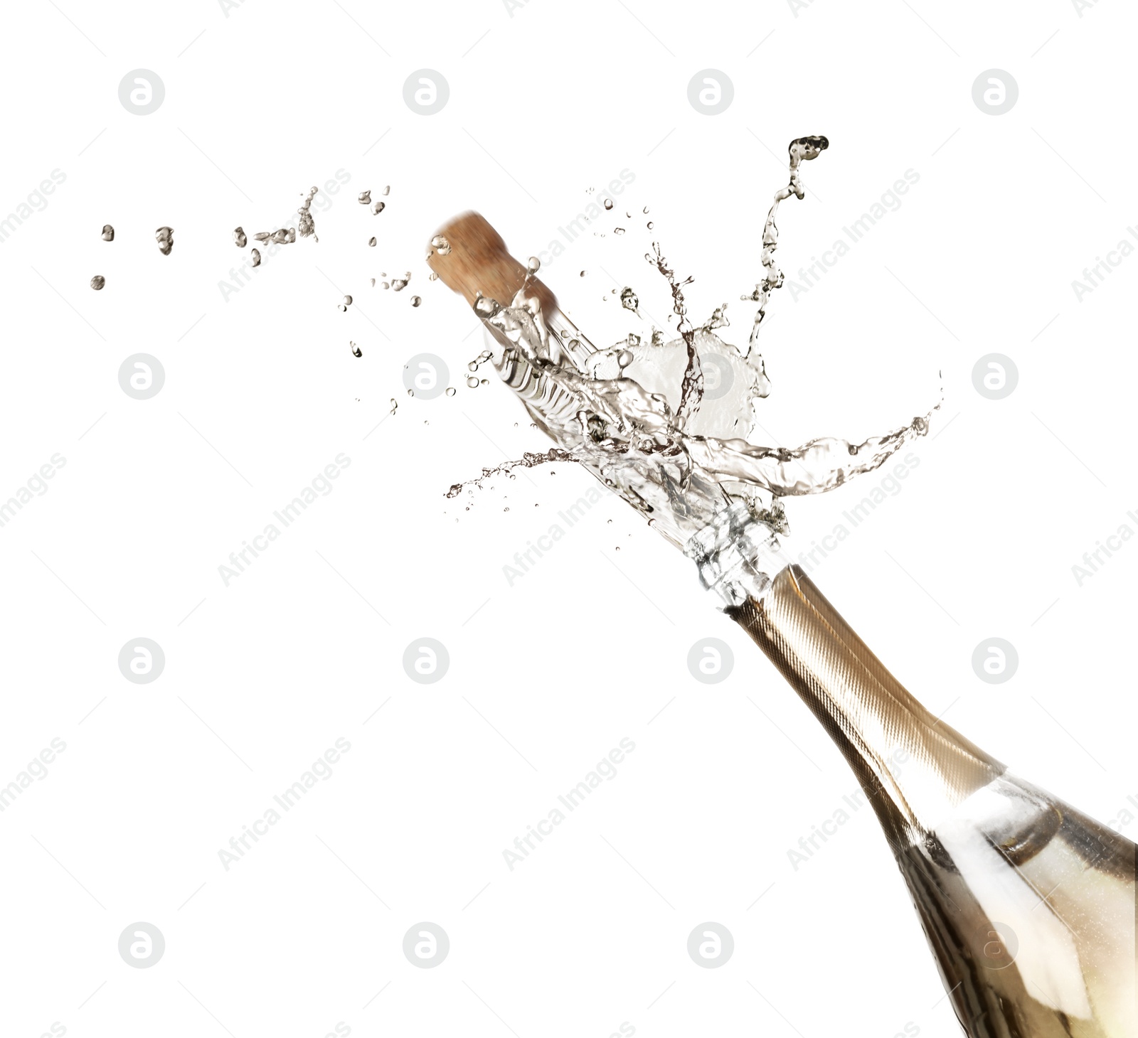 Image of Sparkling wine splashing out of bottle on white background