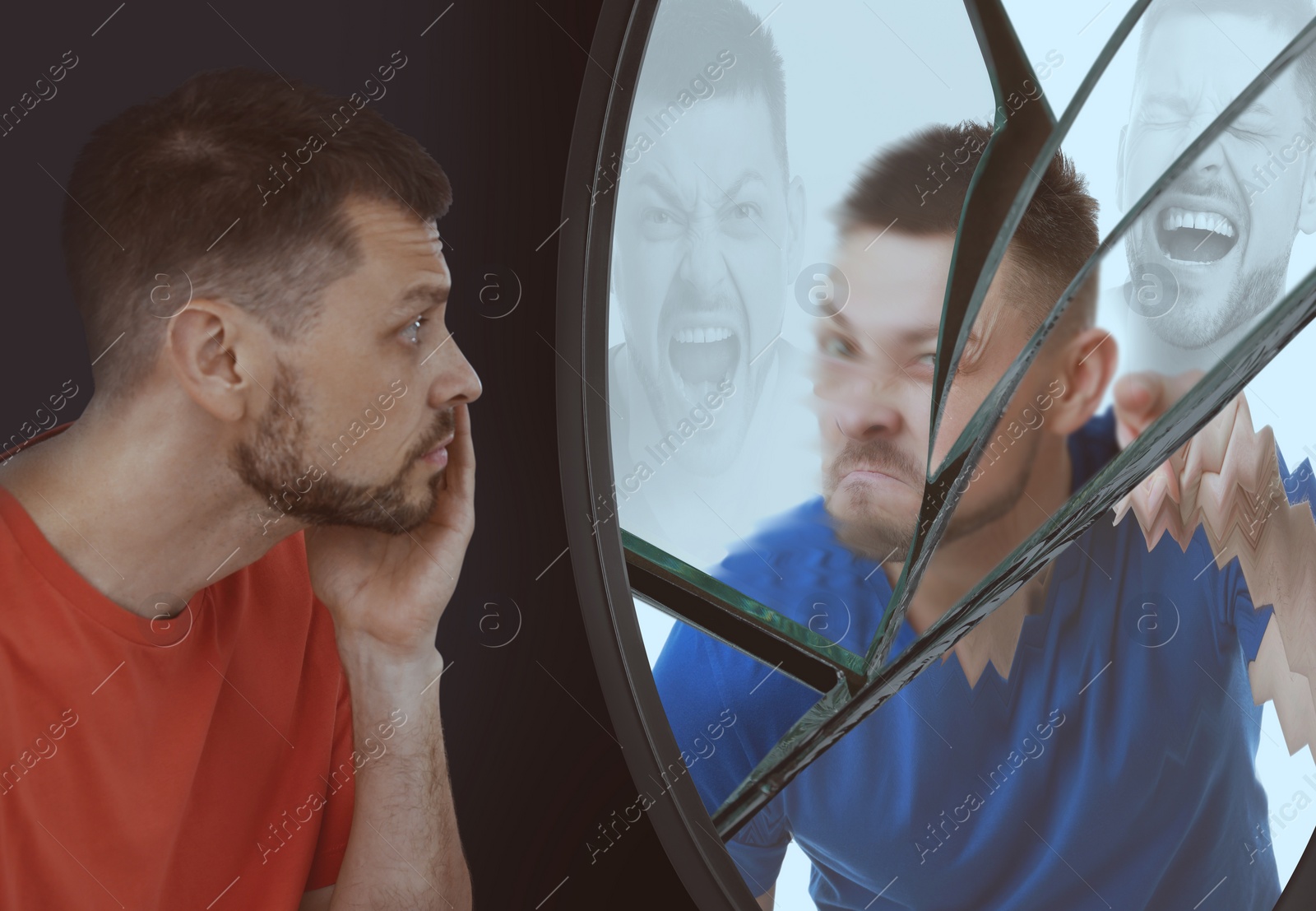 Image of Suffering from hallucinations. Man looking in broken mirror and seeing himself with different emotions