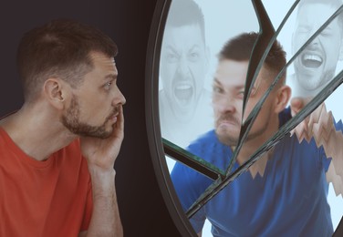 Suffering from hallucinations. Man looking in broken mirror and seeing himself with different emotions