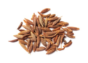 Photo of Heap of aromatic caraway (Persian cumin) seeds isolated on white, top view