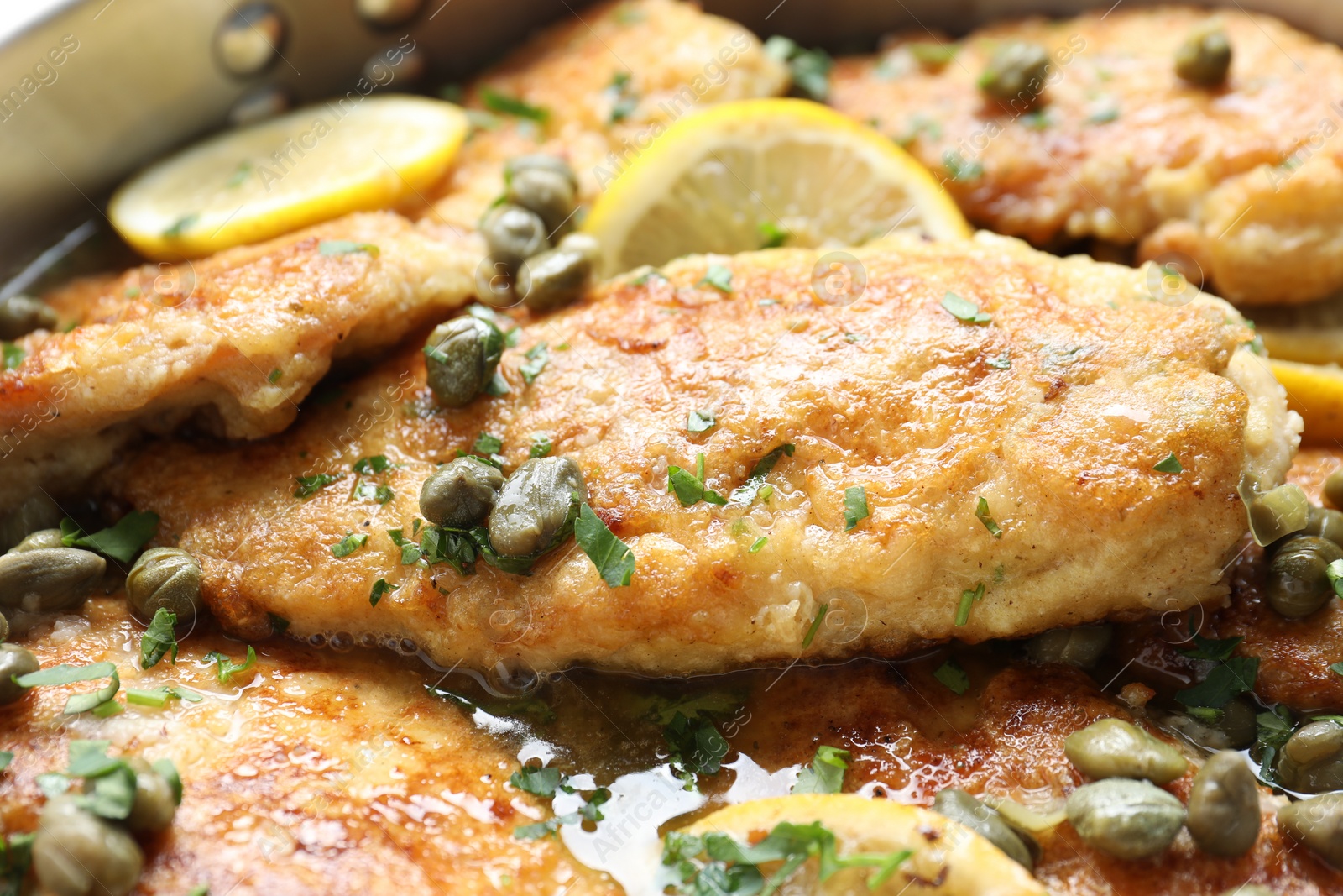 Photo of Delicious chicken piccata with herbs and lemons as background, closeup