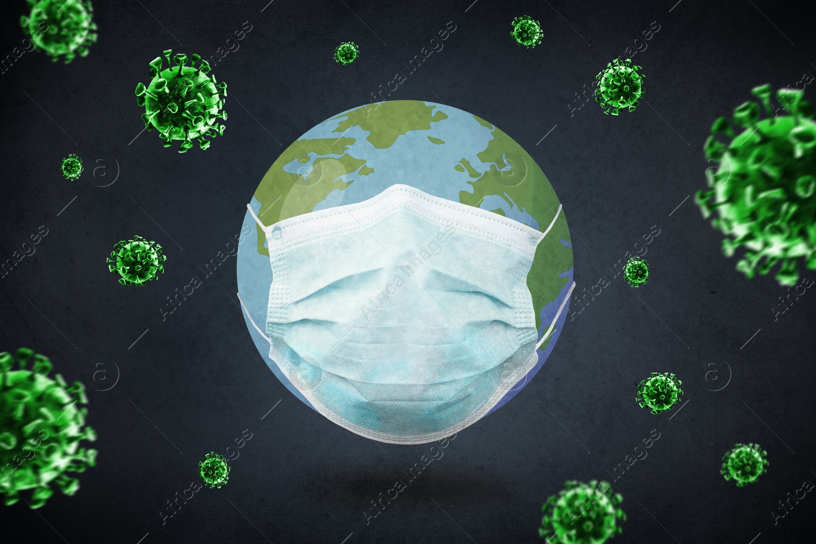 Image of Illustration of Earth with medical mask on black background. Coronavirus outbreak