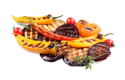 Photo of Different delicious grilled vegetables isolated on white