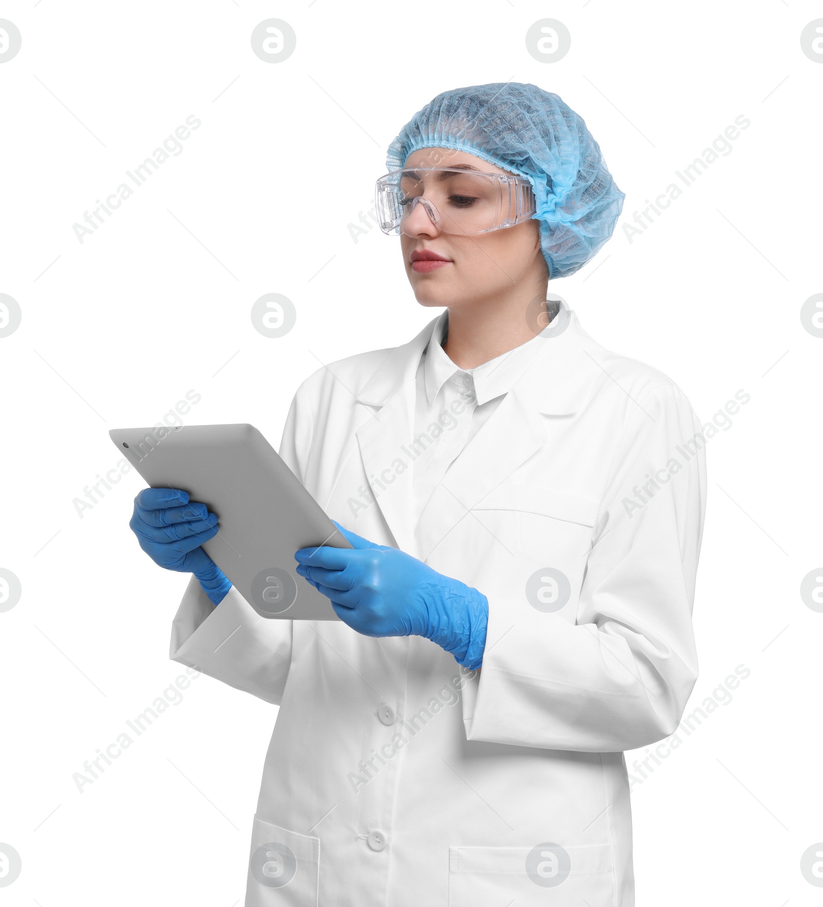 Photo of Quality control. Food inspector with tablet on white background