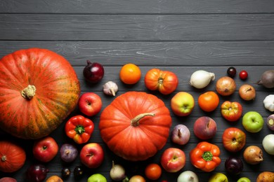 Photo of Different fresh vegetables and fruits on black wooden table, flat lay. Farmer harvesting