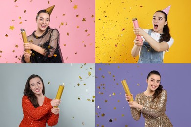 Collage with photos of beautiful woman blowing up party poppers on different color backgrounds