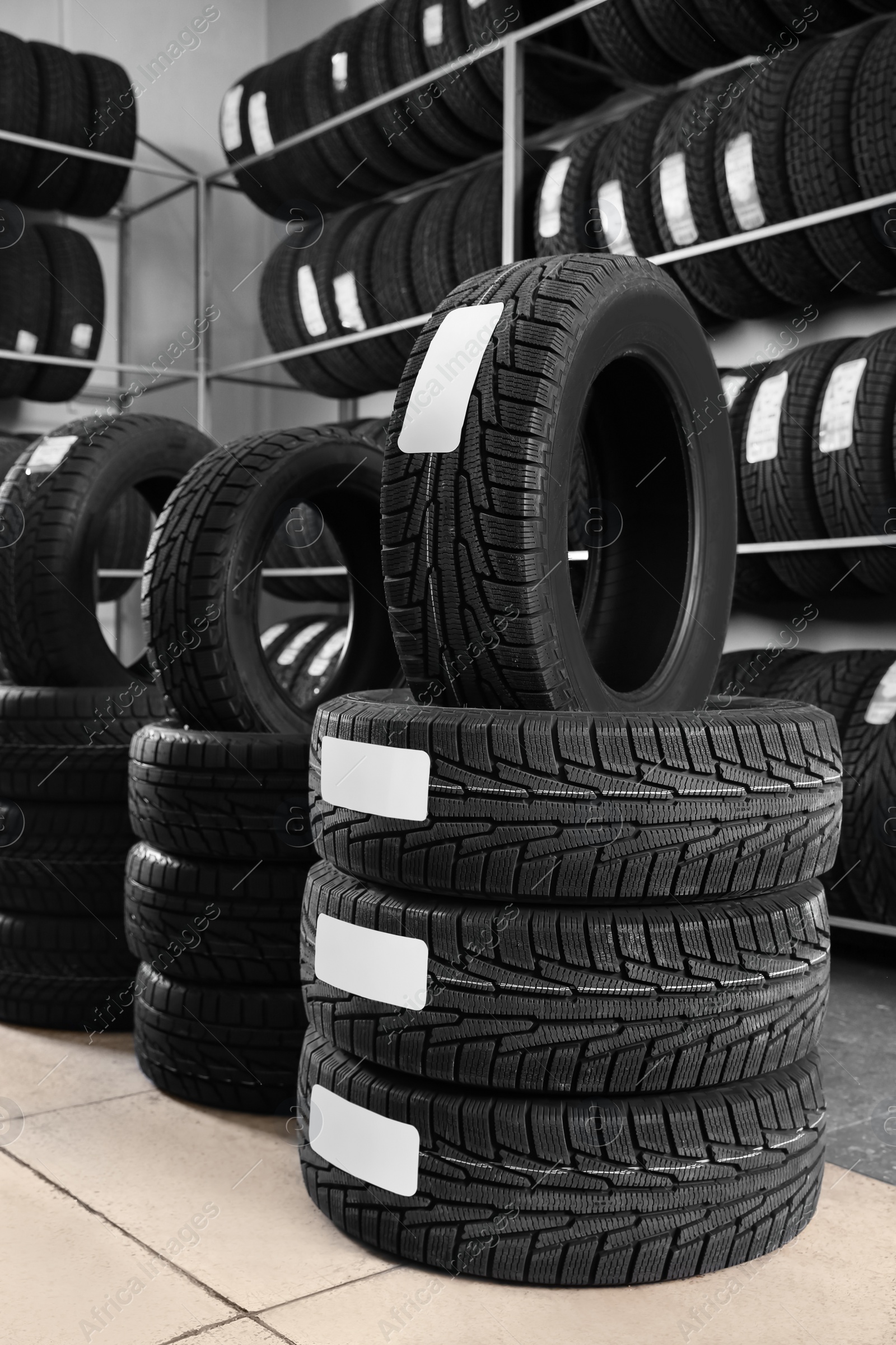 Photo of Car tires in automobile service center