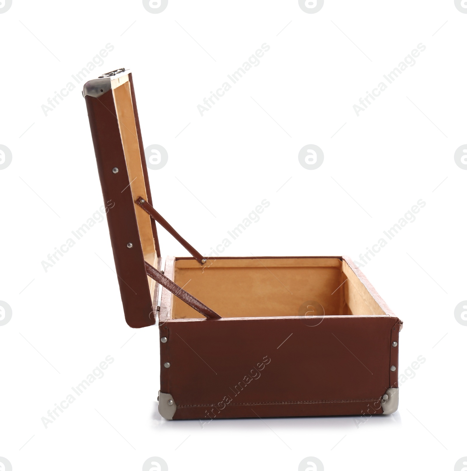 Photo of Open suitcase for travelling on white background