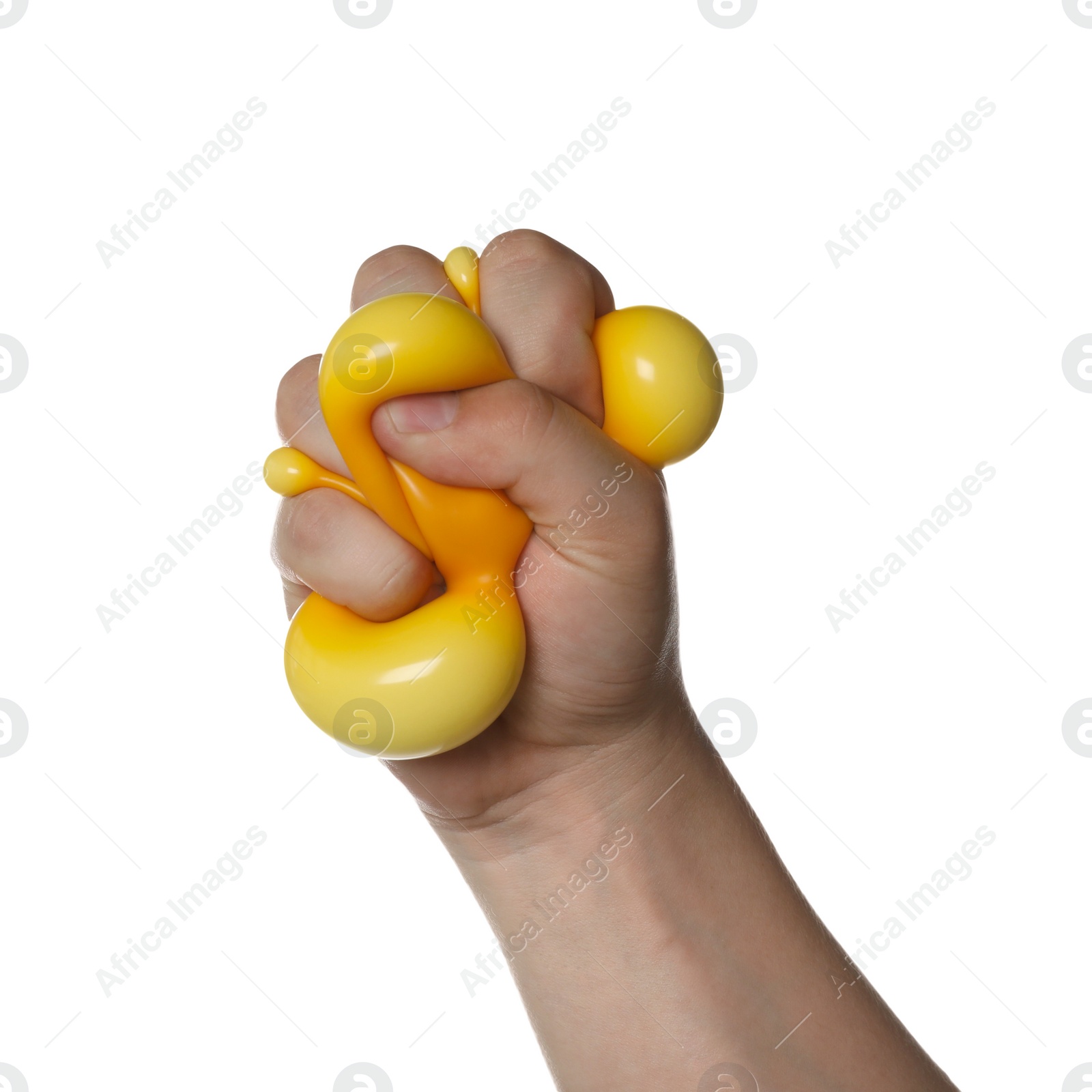 Photo of Man squeezing yellow stress ball on white background, closeup