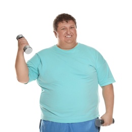 Photo of Overweight man with dumbbells on white background