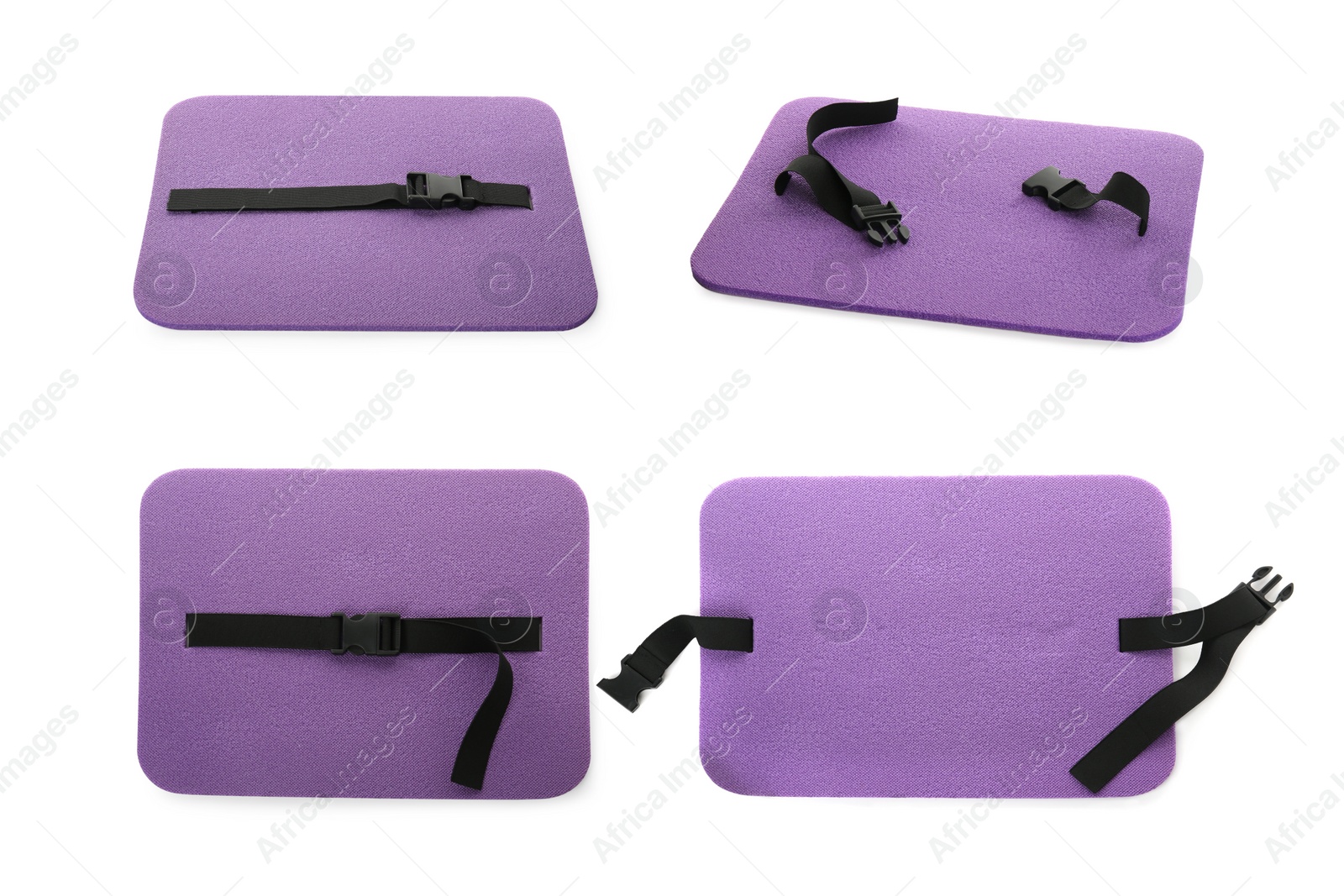 Image of Set with violet foam tourist seat mats on white background 