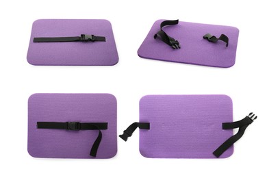 Set with violet foam tourist seat mats on white background 