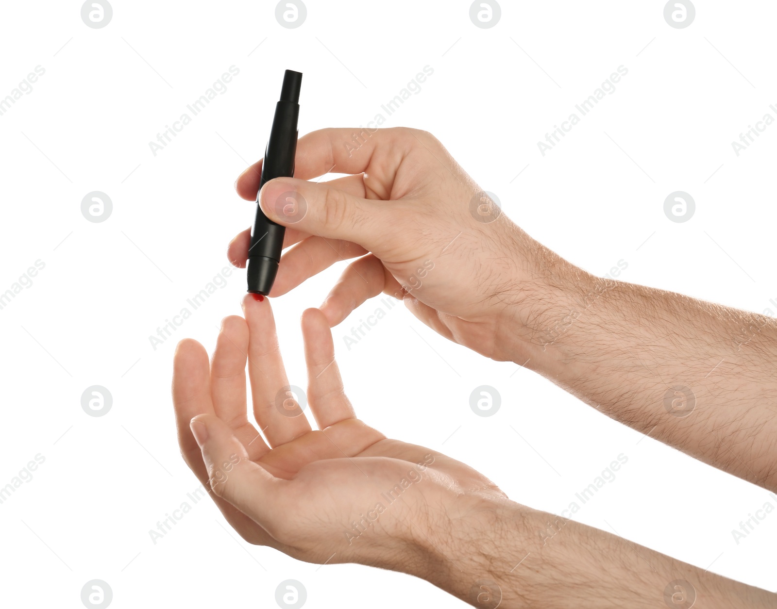 Photo of Man using lancet pen on white background. Diabetes test