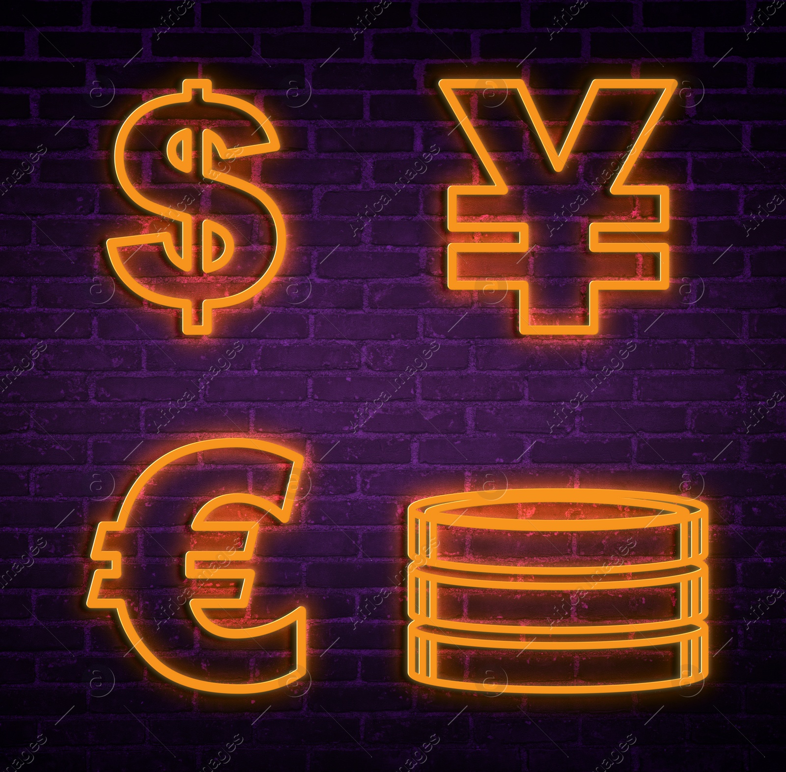 Image of Money exchange neon sign. Orange symbols of different currencies on brick wall