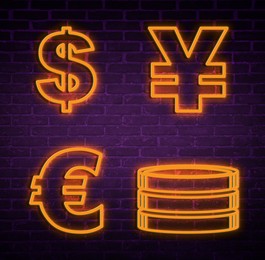 Image of Money exchange neon sign. Orange symbols of different currencies on brick wall
