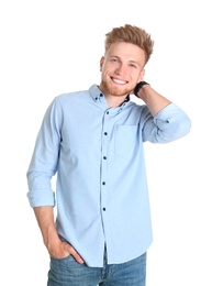 Portrait of handsome young man on white background