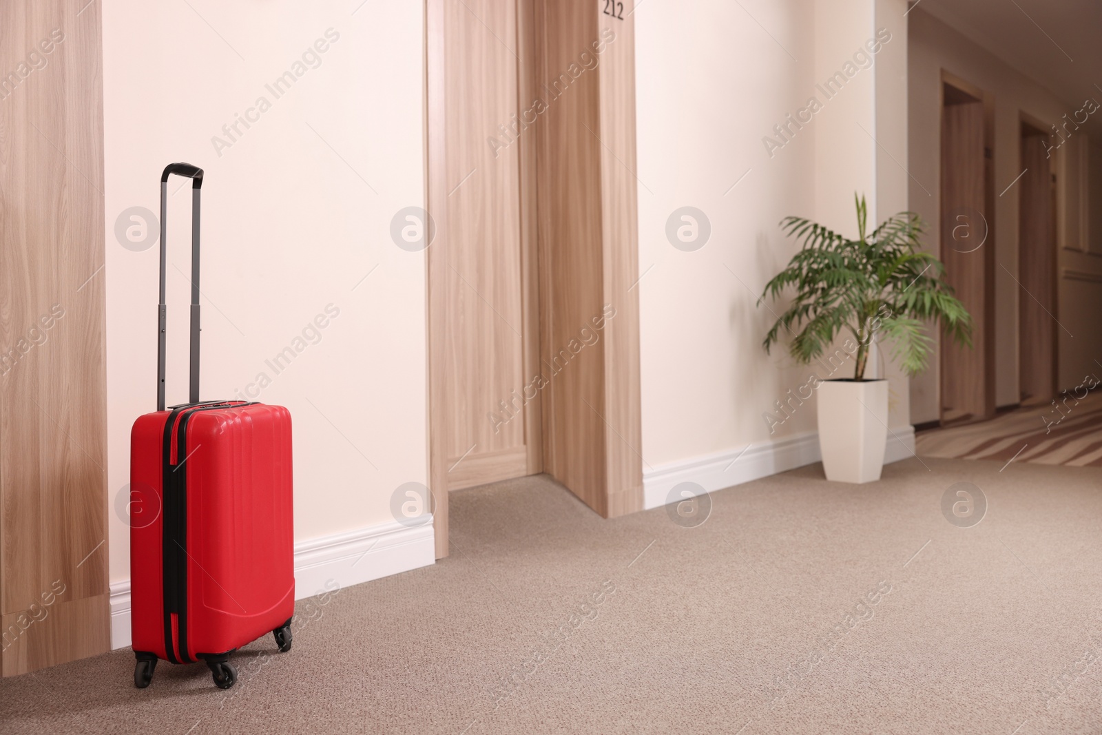 Photo of Modern red suitcase in empty hotel corridor