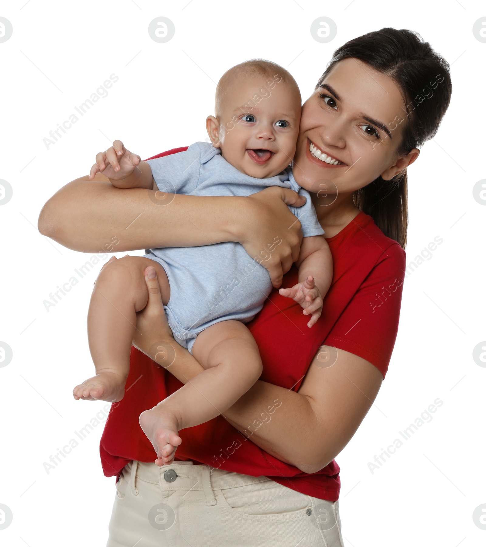 Photo of Beautiful mother with her cute baby on white background