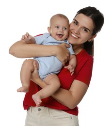 Beautiful mother with her cute baby on white background