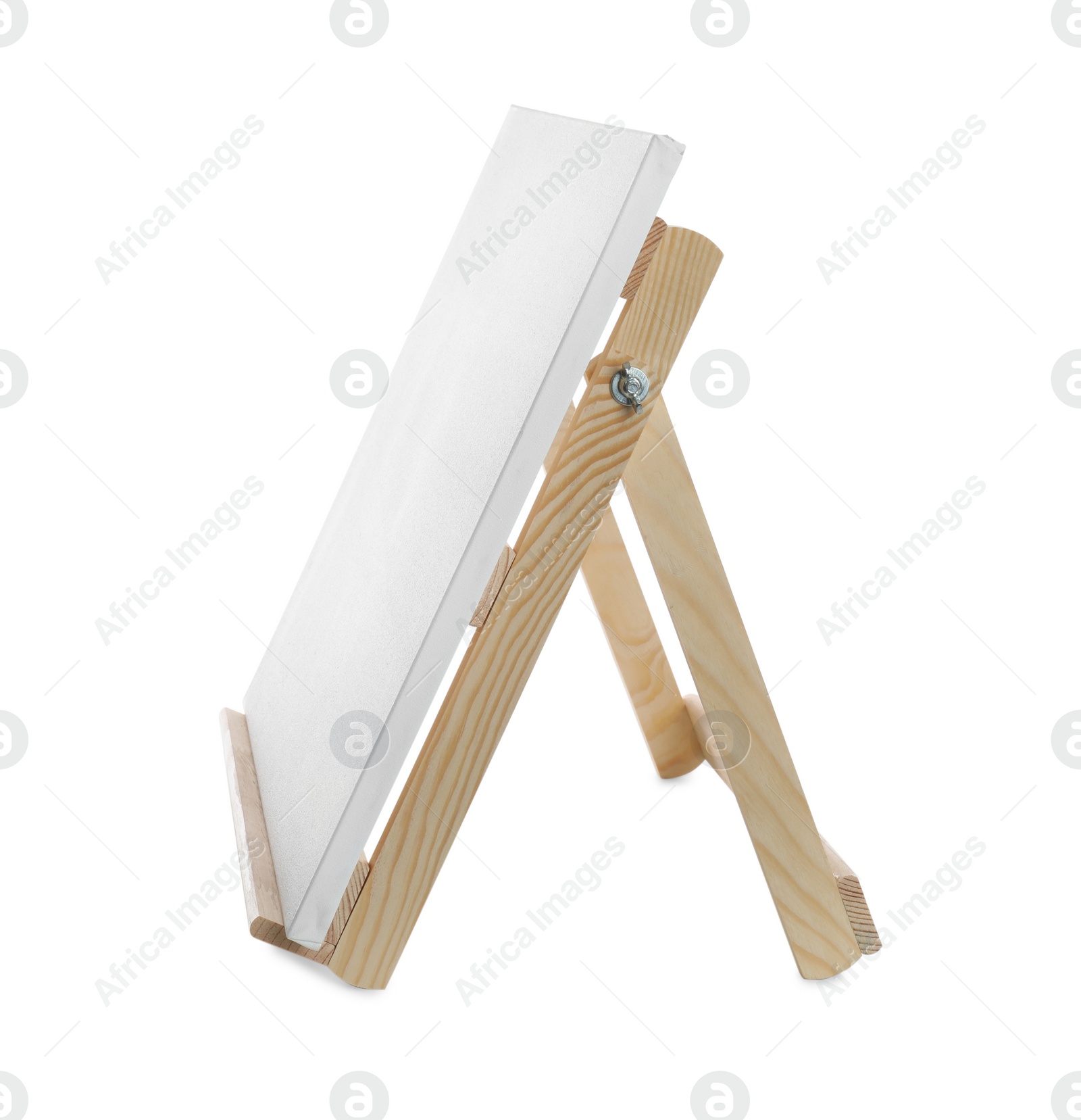 Photo of Wooden easel with blank canvas isolated on white